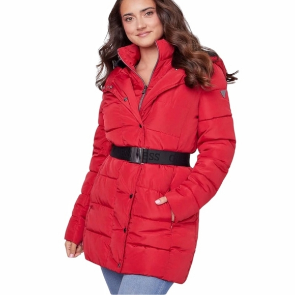 Guess - Red Hooded Mid-Length Puffer Coat - Picture 1 of 16